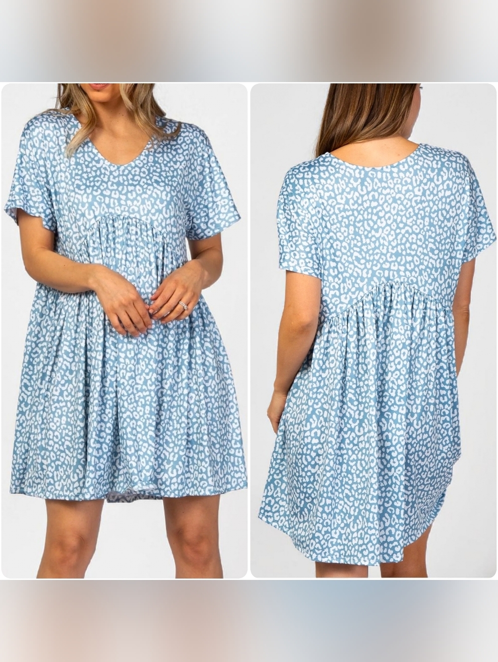 Yak Yeti Cotton Babydoll Boho Mini Dress Blue White Print Womens M Empire Waist